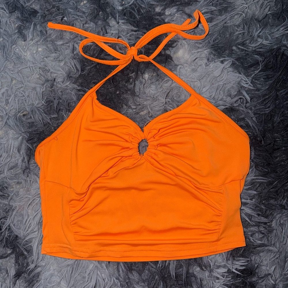 SHEIN Orange Halter Tie-Back Crop Camisole with Keyhole